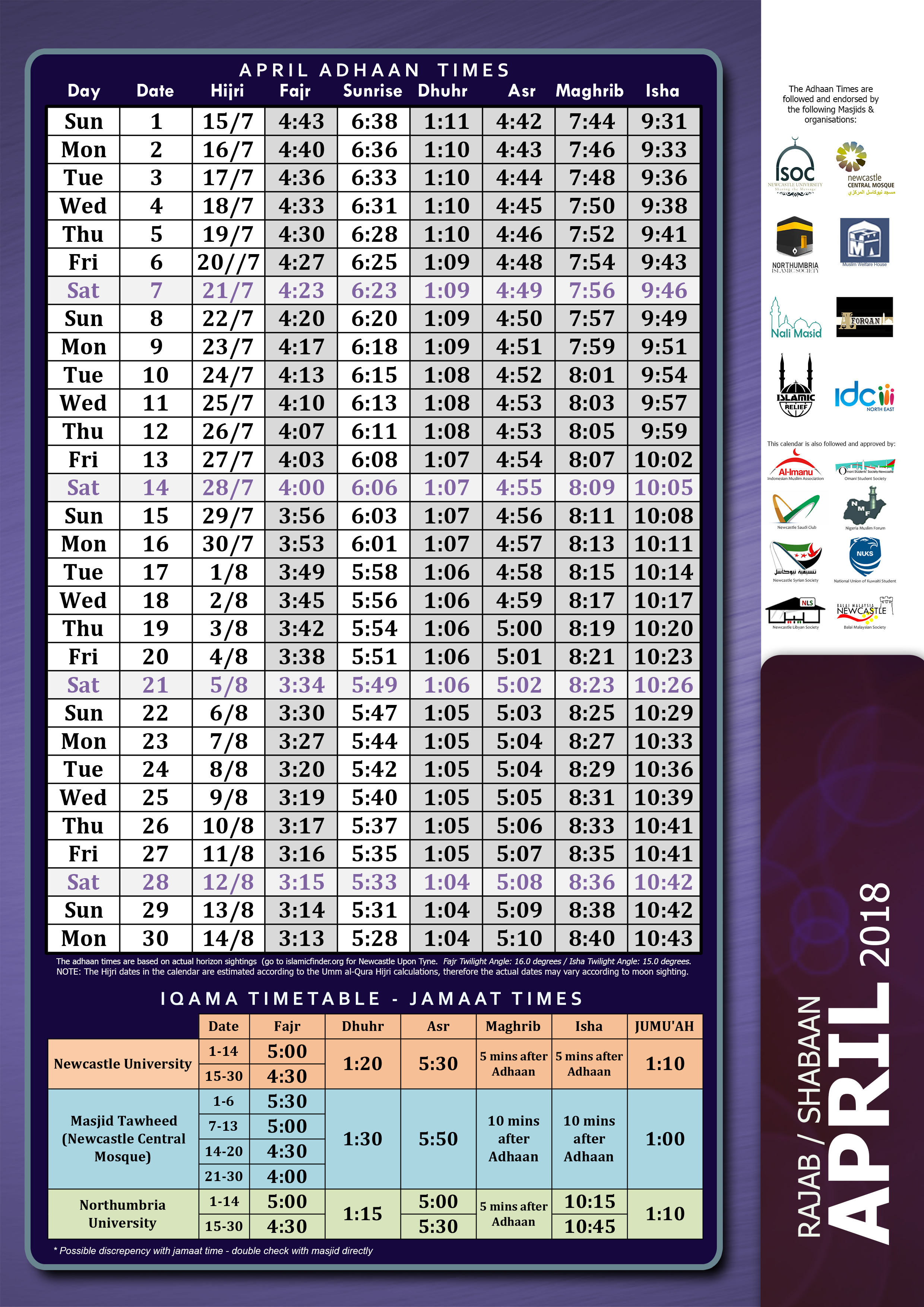 Prayer Time Table Newcastle ISoc