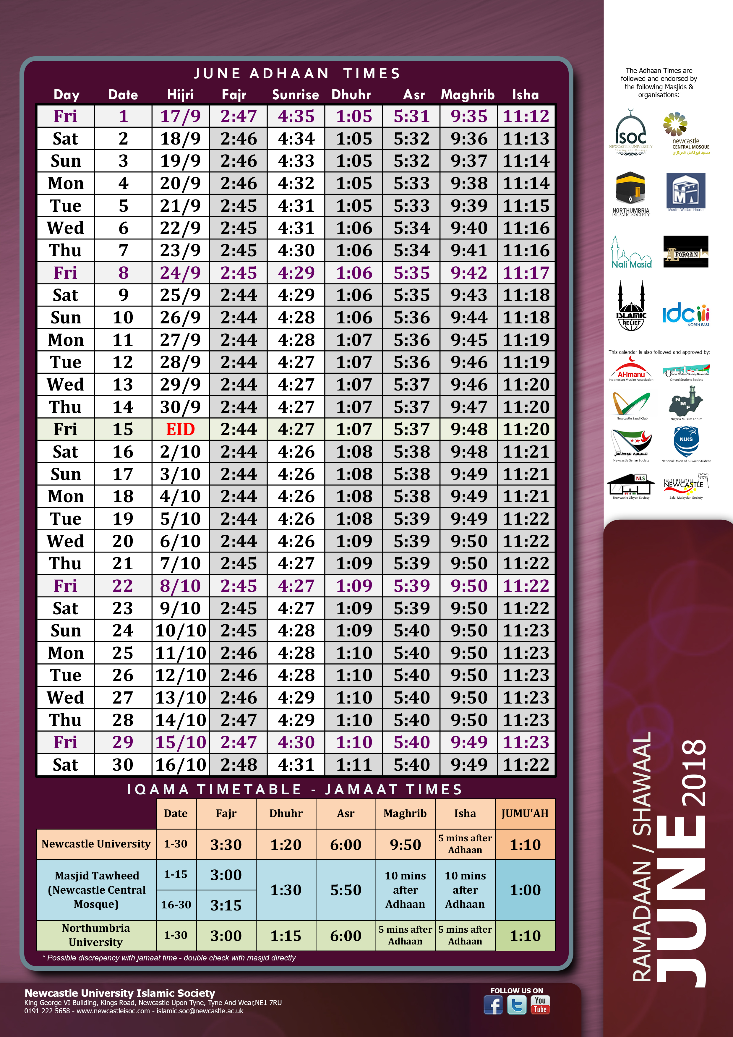 Prayer Time Table Newcastle ISoc