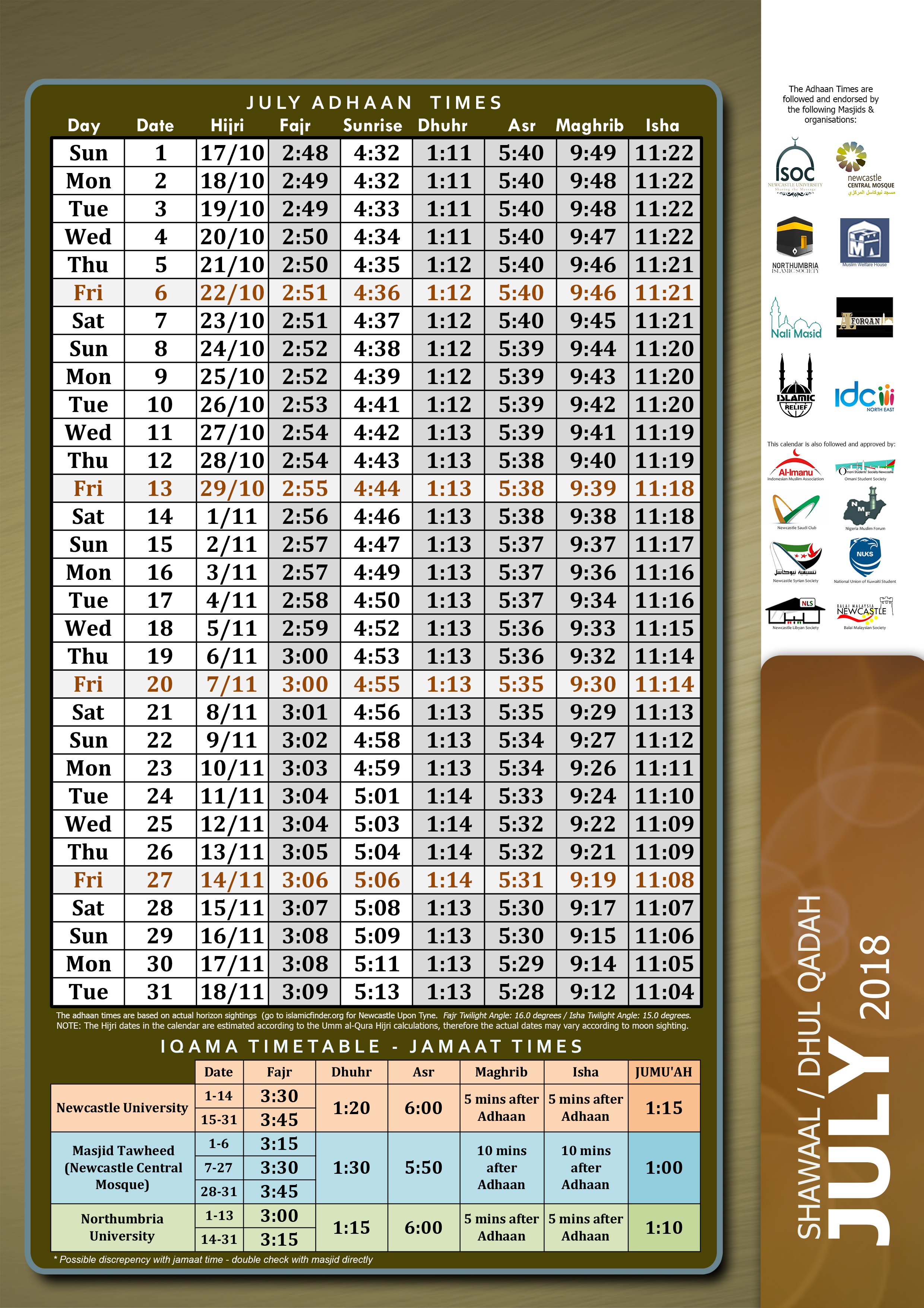 Prayer Time Table Newcastle ISoc