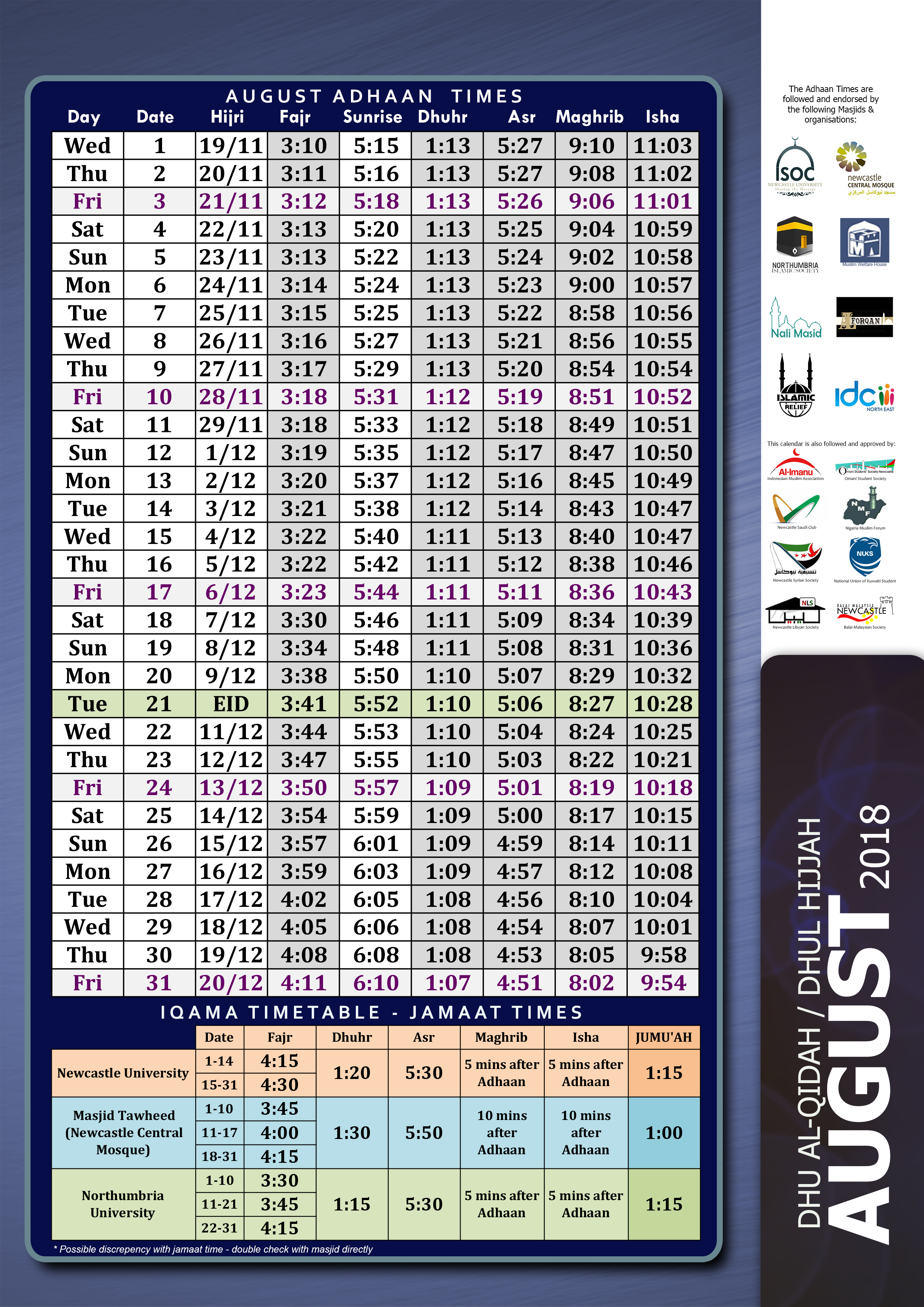 Prayer Time Table Newcastle ISoc