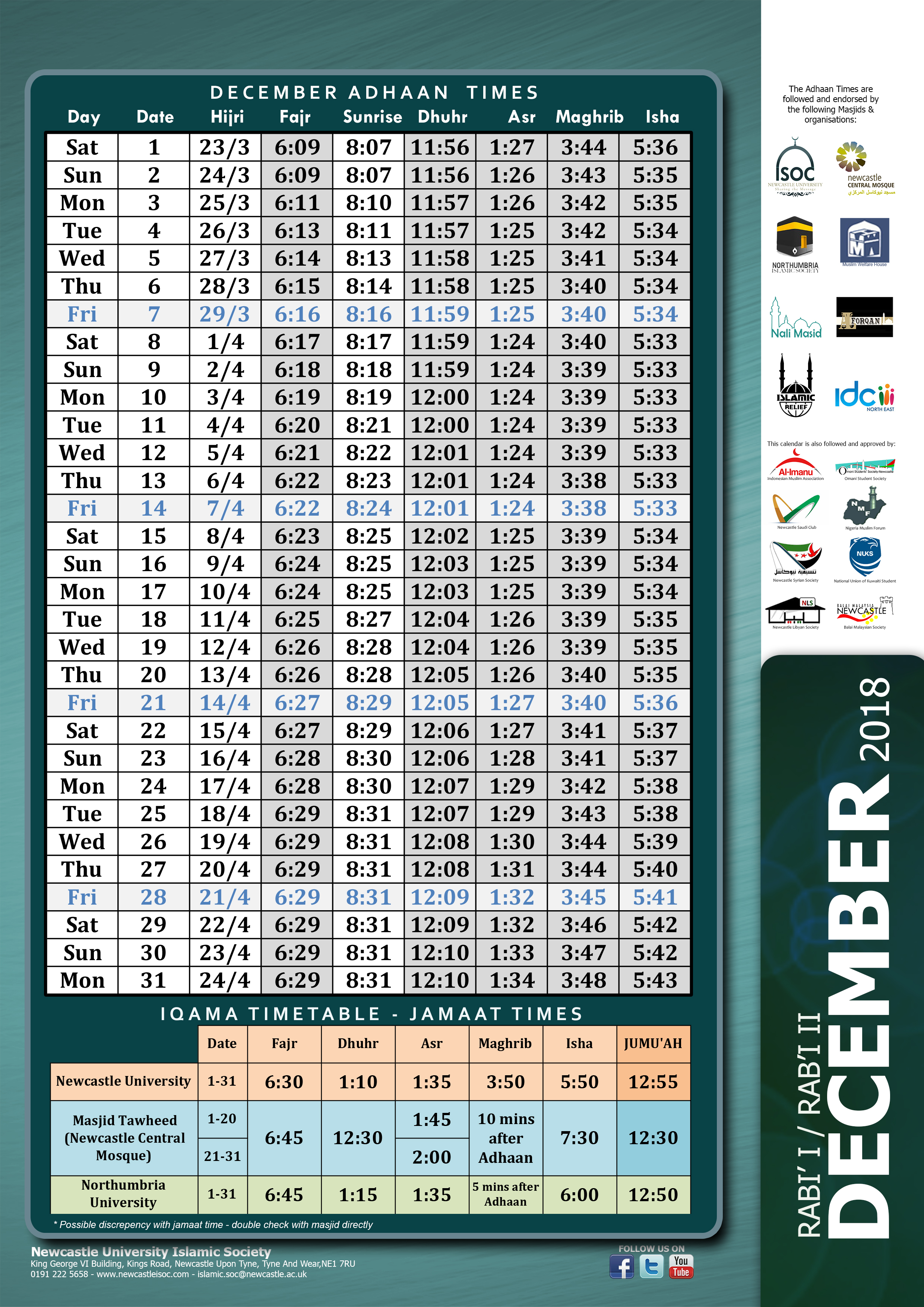 Prayer Time Table Newcastle ISoc